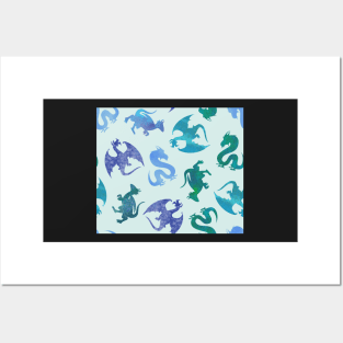 Jewel Tone Fantasy Dragon Silhouette on Teal Blue Posters and Art